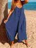 VONDA Women Summer Sleeveless Jumpsuits Sexy Solid V Neck Long Overalls Loose Playsuits Wide Leg Pants Oversized 240315