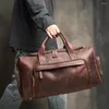 Duffel Bags NUPUGOO-Genuine Leather Travel Bag For Men Vintage Hand Luggage Boston Duffle Large Capacity Shoulder 16 "Lapto