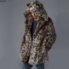 Autumn and Winter New Mens pälsboat Leopardtryck Medium Lång varm förtjockad vindbrytare avslappnad