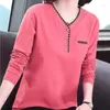 Women's T Shirts Spring Autumn V-neck Pure Cotton Patchwork Oversized T-shirt Ladies Lose Casual All-match Pullover Tops Women Comfortable
