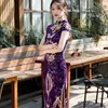 Etnische kleding Chinese stijl Vintage verbeterde Qipao paarse mode pailletten Cheongsam lange podiumvoorstelling jurk sexy slanke strakke split