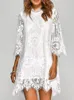 Casual Dresses Spring Summer White Lace Hook Flower Seven Point Sleeve Women's Simple Fashion Oregelbundet Elegant kvinnlig klänning