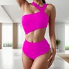 Kvinnors badkläder 2024 Summer Fashion Bikini High midja One Piece Swimsuit Belly Skur ut solid sexig baddräkter strandkläder