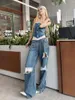 Kvinnors jeans dubbla midjhuvud spetsar sparkar brett ben fashionabla high street y2k whiskered kanthål låga byxor 2024