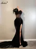 Women Black Trumpet Flormal Prom Dresses Shoulder With Feauther Beading Lace Pearls Satin Front Split Mermaid Hollow Ladies Prom Party Gowns