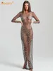 Modphy Women Sexy See Through Shiny Luxury Crystal Diamond Mesh Bodycon Rhinestone Long Dress Nightclub Celebrate Party Vestido 240229