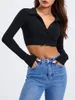 Women's T Shirts CHQCDarlys Womens Button Down Long Sleeve Crop Top Solid Ribbed Slim Fit Basic Shirt Casual Club Cardigan Streetwear