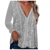 Women's T Shirts Sexy Sequins Shirt Elegant Female V Neck Sequined Blouse Vintage Lantern Sleeve Top Tech Fabric