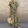 Party Dresses Women O Neck Pullover Elegant Botanical Flower Print Dress Summer Casual Rustic Style Short Sleeve Large Hem Long Gown