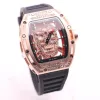 BOYUHENG 43 MM Gouden Diamant Holle Schedel Skeleton Wijzerplaat Rode Twee Handen Heren Horloges Transparant Quartz Batterij Beweging Horloge Polswa313a