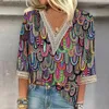 Women's T Shirts 2024 Summer Tops for Floral Printed 3/4 Sleeve V Neck With Lace Trimed Cuffs Vintage Graphic Tees Streetwear