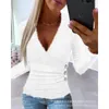 Mulheres Camisetas Manga Longa Slim Fits Camisetas Bainha de Cor Sólida Y2K Cruz V-Pescoço Top Mulheres Ruched Abotoado Camiseta Outono Fuzzy Casual