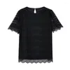 Kadın Tişörtleri Siyah Ağır Endüstri İşlemeli İpek Top 2024 Yaz O yakalı Kısa Kollu Dantel Ekleme Gevşek Boyut Zayıflama T-Shirt