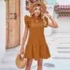 ファッションの女性ドレスソリッドカラーレースカラーフリルスリーブデシグカジュアル春夏服レディースプリンセスドレス