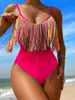 Maillots de bain pour femmes Sexy coloré Fringe gland col en V découpé une pièce maillot de bain femmes femme jambe haute baigneur maillot de bain nager K5027