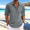 Chemises décontractées pour hommes Chemise à manches longues pour hommes Chemise d'été courte respirante avec col rabattu Boutons de couleur unie Coupe ample pour doux