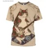 Men's T-Shirts Vintage Samurai Cat Mens T Shirt Summer O Neck Mens Clothing Tops Unisex 3D Print Oversized Short Slve Pullover Cool Ts Y240315