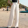 Pantalon d'été en coton et lin pour femmes, jambes larges, décontracté, couleur unie, blanc, ample, taille haute, droit