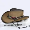 Baretten Retro USA Brief Vleugel Leren Riem Dames Heren PU Oprollen Brede Rand Sombrero Zonnehoed Strand Cowboy Cowgirl Westerse Hoed Aanpassen