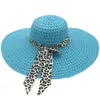 Berets Straw Hat UV Protection Sun Leopard Bow Decor Floppy Beach