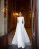 Moda a linha vestidos de casamento para noiva bateau mangas compridas cetim vestido de casamento botão volta designer vestidos de noiva trem varredura yd