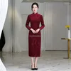 Etnik Giyim 2024 Çin Geliştirilmiş Retro Geleneksel Cheongsam Elbise Sonbahar Uzun Kollu Stand Yastı Zarif Qipao W215