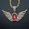 Hip Hop Angel Wings with Big Red Ruby Pendant Necklace for Men Women Iced Out Jewelry268t