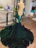 Prom Dresses Party Evening Gown Dark Green Mermaid Formal Sleeveless Sequined Applique Beaded Custom Zipper Lace Up Plus Size O-Neck Illusion