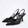 Большие женские туфли весна/лето 2023, новые черные блестящие туфли Muller на тонком каблуке с завязкой-бабочкой