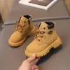 Boots Autumn Children's Fashion Front Lace Up Thermal Non Slip Single Boot Girls' Leather Waterproof Fleece Flat Bottom Cotton