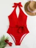 Dames Badmode Sexy Rood Eendelig Badpak 2024 Dames Halter Geribbeld Diepe V-hals Voorriem Monokini Strandbadpak Ruglooze Zwembad