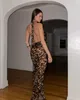 Elegant leopardtryck halter midi kjol uppsättning för kvinnor sexig off axel snörning bodycon kostymer kvinnliga casual semester stranduppsättningar 240312