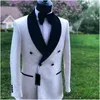 Men's Suits White PAISLEY Men With Black Satin Shawl Lapel 2 Pieces Jacket Pants Dinner Wedding Groom Prom Dress Costume Homme