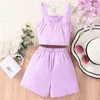 2024 Girls Set Summer Fashion Sleeveless Belt+Shorts Set Solid Button Casual Childrens Clothing 7 8 9 10 11 12 Years Old 240315
