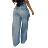 Damen-Jeans, große Taschen und Patchwork-Details, Street-Style, hohe Taille, gerades Bein mit Persönlichkeit, Hose, weite Hose