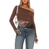 Mulheres camisetas Mulheres Y2K Sexy Floral Lace Malha Sheer Crop Top Manga Longa Saindo Tops Bonito Slim Fit Camisa Club Party Tee