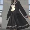 Bow Patchwork Loose ALine Fashion KneeLength Cute Empire Preppy Style Japanese Allmatch Black School Uniform 240301