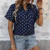 Blusas femininas soltas ajuste blusa elegante com decote em v túnica respirável verão topos com padrão losango detalhe babado para um casual