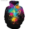 Herrtröjor tröjor 3d hoodies män splatter färgglada färgfläckar 3D -tryck 2023 Nya sweatshirt streetwear pullovers toppar plus size l240315