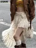 Rokken Kant Gehaakte Onregelmatige Streetwear Zoete Y2k Esthetische 3D Bloem Hoge Taille Rok Verstoorde Vrouwen Fee Sexy Harajuku Faldas
