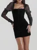 Casual Kleider Frauen Mini Bodycon Kleid Einfarbig Quadratischen Hals Sheer Mesh Langarm Herbst Rüschen Tie-Up Samt Korsett schlank Sexy