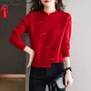 Damenpullover Jahr Rot Tops Winter Frühling 2024 Frauen Langarm Casual Lose Knopf Retro Vintage Feste Strickpullover Jumer