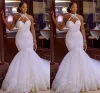Arabic Mermaid Wedding Dresses Halter Lace Appliques Capped African Buttons Back Wedding Dress Tulle Long Bridal Gowns