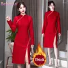 Etniska kläder 2024 Autumn Winter Elegant Retro Modern Improved Red Cheongsam Chinese Traditionell spets qipao klänning för kvinnor