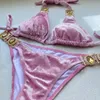 Sexy veludo rosa maiô feminino luxo strass diamante micro bikini push up tanga banho praia brasileira 240308