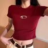 Katoen American Spice Girl driedimensionale letterprint met ronde hals, puur verlangen T-shirt dames zomervouw slanke korte top met hoge taille