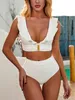 Maillots de bain pour femmes Femmes V-Cou Haute Taille Split Boucle À Volants Maillot De Bain Couleur Unie Grace Beach Maillot De Bain Mode Chic Gathering Maillot De Bain