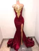 New Sexy African Burgundy Prom Dresses Evening Wear Mermaid Gold Lace Appliqued Front Split 2K18 Elegant Formal Evening Party Gowns