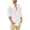 Men's Casual Shirts Spring Autumn Stand Collar Linen Loose Shirt Male Long Sleeve Solid Color Cardigan Top Hombre Oversized All-match Blouse