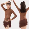 Stage Wear Filles Robe de danse latine manches longues marron frange Cha Rumba Samba pratique compétition DNV19394